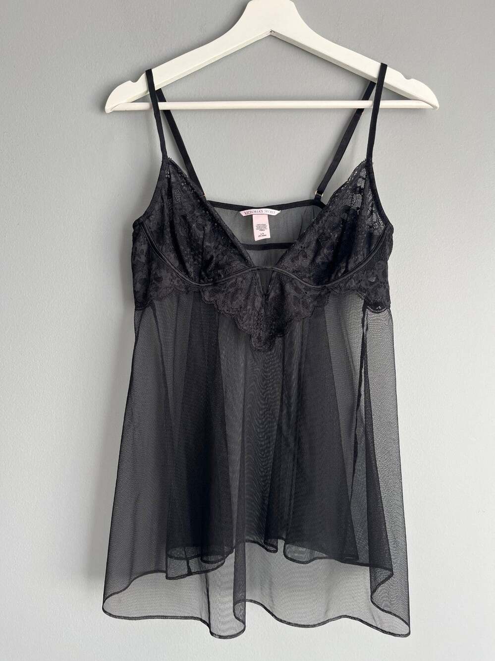 Victoria's Secret Babydoll L Black Lace Sheer Mesh Chemise Lingerie Nightie Sexy